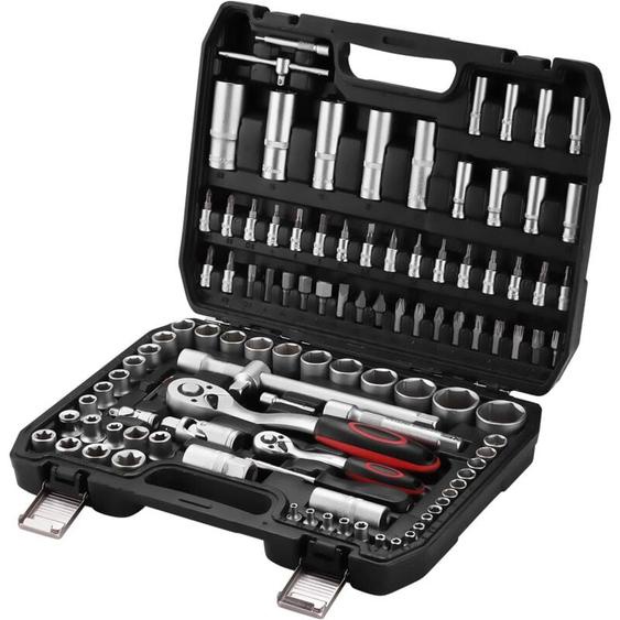 Teeno - Coffret de douille et embouts Mallette à Outils ,Cliquet 1/2-inch et 1/4-inch (72 Dents) - 108 pcs - Chrome Vanadium - Mat Satinée - argent