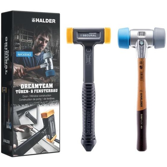 Coffret promotionnel HALDER Dreamteam construction de portes et fenêtres, marteau de protection SIMPLEX 50:40, TPE-soft/TPE-mid et marteau de protection SECURAL plus | 3113s003