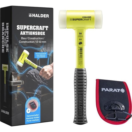 Coffret promotionnel Marteau SUPERCRAFT D50 avec manche en acier incassable, revêtement jaune fluorescent et support pour marteau PARAT | EH 3377s001