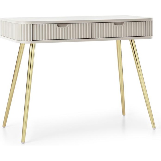 Coiffeuse 100 cm Gerly - Loft, pieds métal, façades cannelées - Bureau avec tiroirs (beige / or)