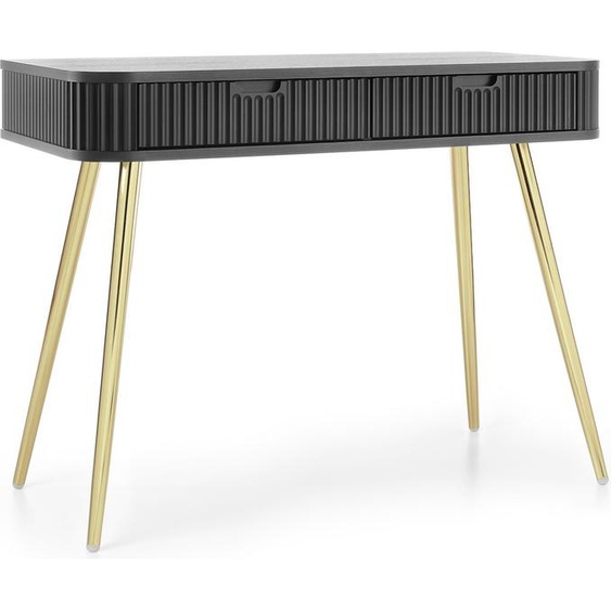 Coiffeuse 100 cm Gerly - Loft, pieds métal, façades cannelées - Bureau avec tiroirs (noir / or)