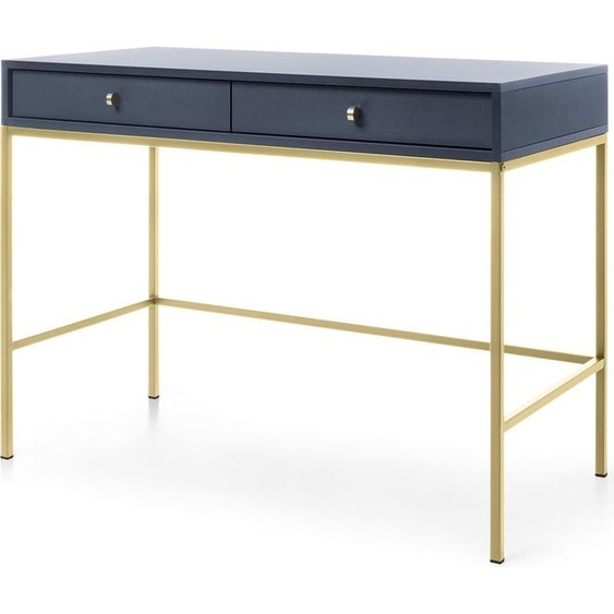 Coiffeuse 100 cm Monti - Bureau avec tiroirs, pieds métalliques 65 cm, poignées dorées - Table console (bleu + or)