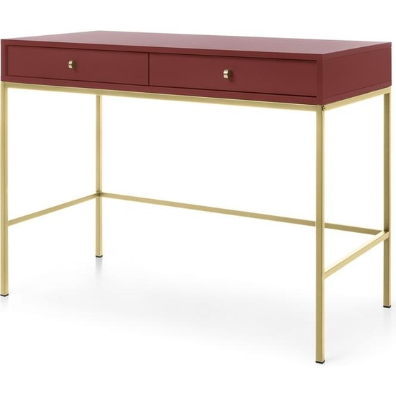 Coiffeuse 100 cm Monti - Bureau avec tiroirs, pieds métalliques 65 cm, poignées dorées - Table console (rouge + or)