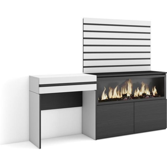 COZY Coiffeuse, 177x35x145 cm, Avec tiroir, Cheminée électrique XXL, Panneaux Muraux en Bois, Blanc