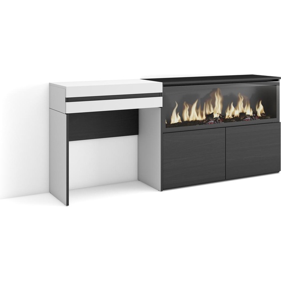 COZY Coiffeuse, 177x35x75 cm, Avec tiroir, Cheminée électrique XXL, Blanc