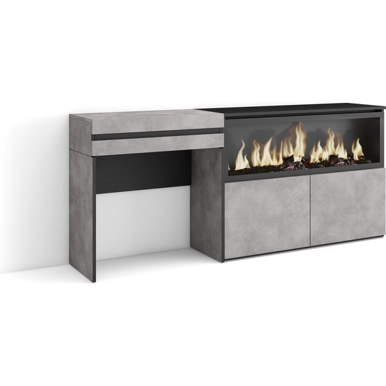 Coiffeuse, 177x35x75 cm, Avec tiroir, Cheminée électrique XXL, Ciment