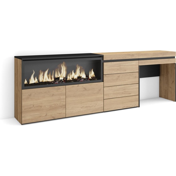 Coiffeuse, 234x35x75 cm, Avec tiroir, Cheminée électrique XXL, Commode, Buffet, Chêne