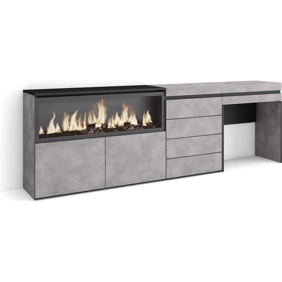 COZY Coiffeuse, 234x35x75 cm, Avec tiroir, Cheminée électrique XXL, Commode, Buffet, Ciment