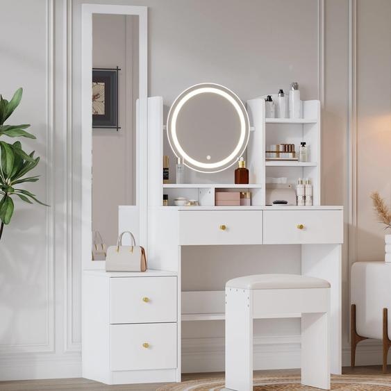 Coiffeuse 4 en 1 - Table de maquillage - Miroir pleine longueur - Miroir de table pivotant - Avec tabouret - Éclairage LED - Poignée métallique - Blanc