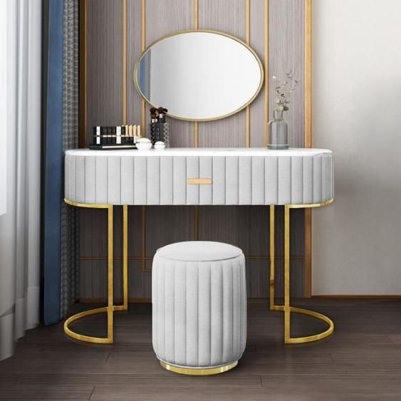 Coiffeuse à tiroir dessus de table en faux marbre Vita - Velours Gris (pouf non inclus)