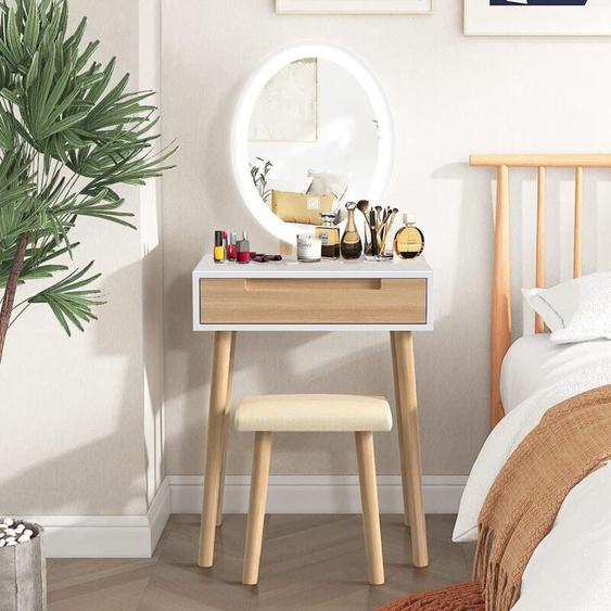 Coiffeuse avec led Miroir et Rangement, Table de maquillage et tabouret, Miroir rond blanc+ 2 tiroirs en bois, Meuble coiffeuse, Moderne, Adulte,