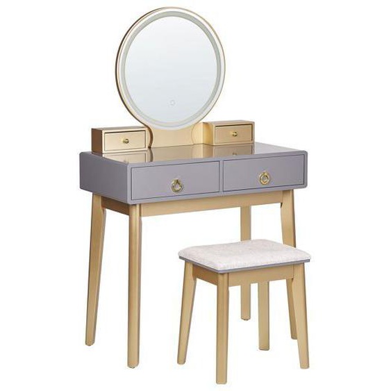 Coiffeuse avec miroir à LED et tabouret gris et doré FEDRY