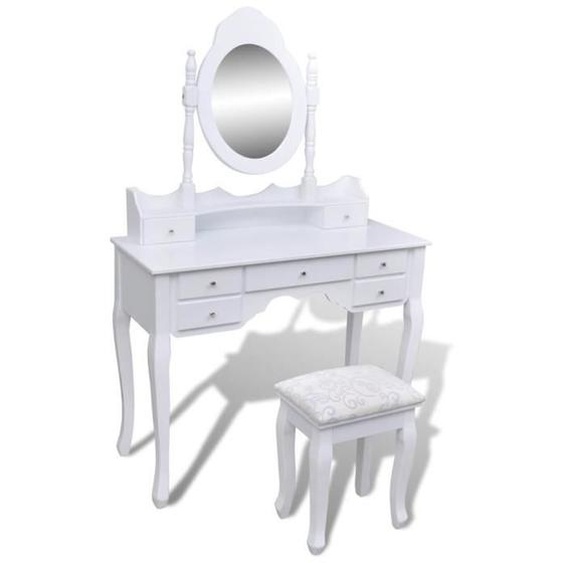Coiffeuse avec miroir et tabouret 7 tiroirs - OVONNI - Blanc - Bois de pin - Meuble de chambre