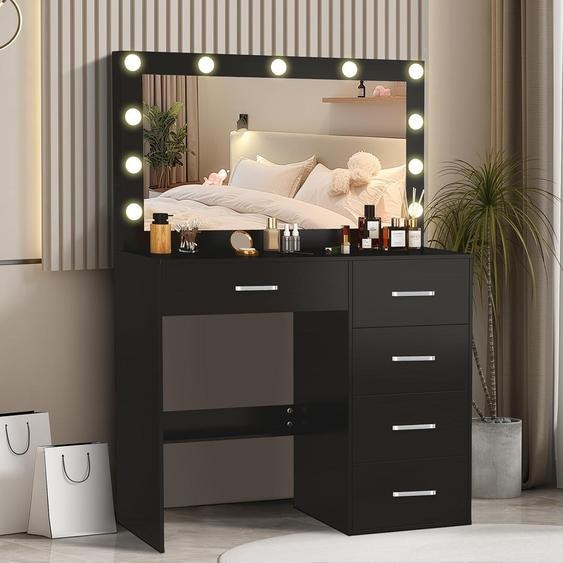 Coiffeuse avec miroir et tabouret noir éclairage LED 80x34x130cm