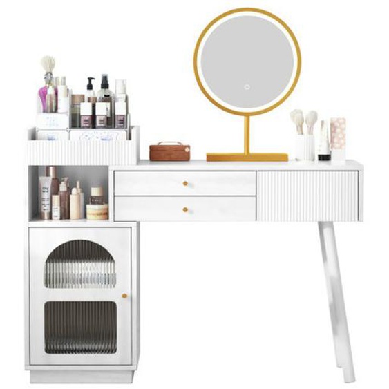 Coiffeuse avec miroir LED - 3 couleurs - 3 tiroirs et meuble latéral, Design extensible - BIPLUT