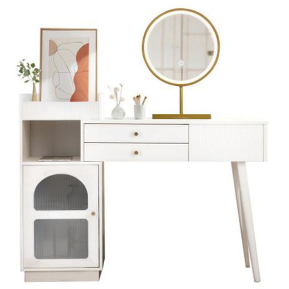 Coiffeuse avec miroir LED - 3 tiroirs et rangement latéral, Design réglable - BIPLUT