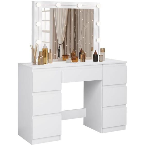 Coiffeuse avec Miroir LED à Luminosité Réglable WOLTU - Table de Maquillage avec 7 Tiroirs - 110x39, 5x140,5cm - Blanche