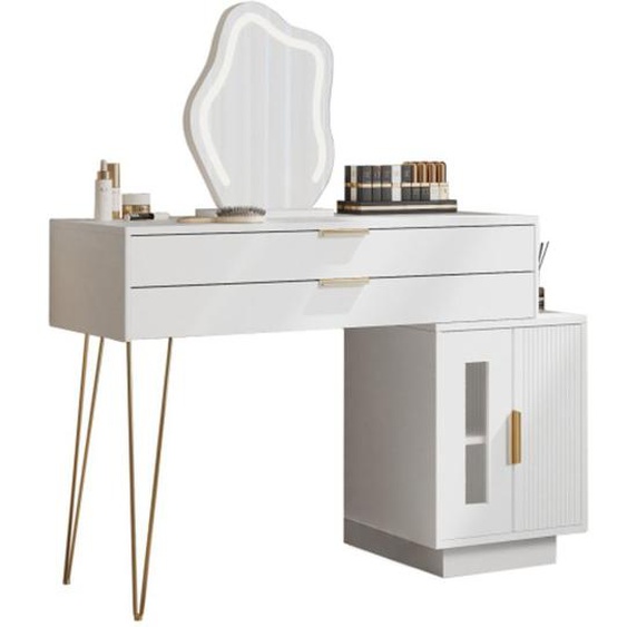Coiffeuse avec miroir LED - Design sécurisé - Grands tiroirs et pieds métalliques - 100x78x40 cm - BIPLUT - Moderne