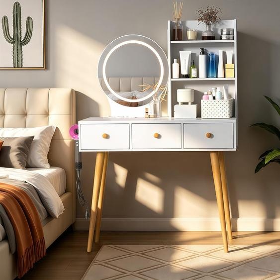 Coiffeuse avec miroir LED, multiprise et support pour sèche-cheveux - 3 couleurs déclairage réglables, MDF blanc 90 x 40 x 135 cm