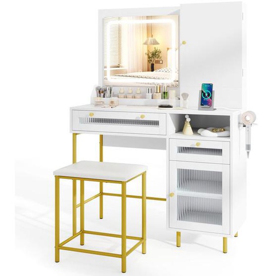 Coiffeuse avec Miroir LED - RELAX4LIFE - 2 Tiroirs en Verre Cannelé - 3 Modes dEclairage - Luminosité Réglable - Armoire à Bijoux