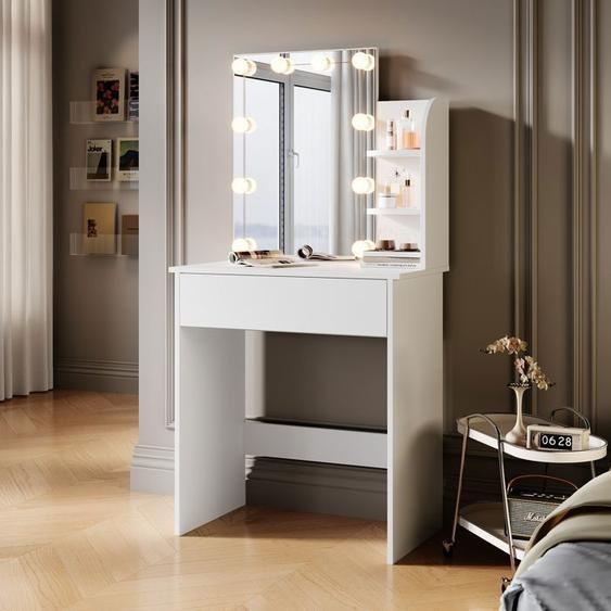 Coiffeuse avec Miroir LED - SIRHONA - Moderne Minimaliste - Blanc 70x40x140cm - 2 compartiments ouverts+1 tiroir