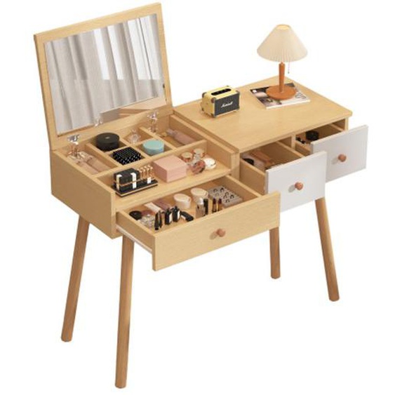 Coiffeuse avec miroir - lumineux 3 couleurs - 3 tiroirs et grand rangement - BIPLUT - Bois de qualité - 100x40x78 cm