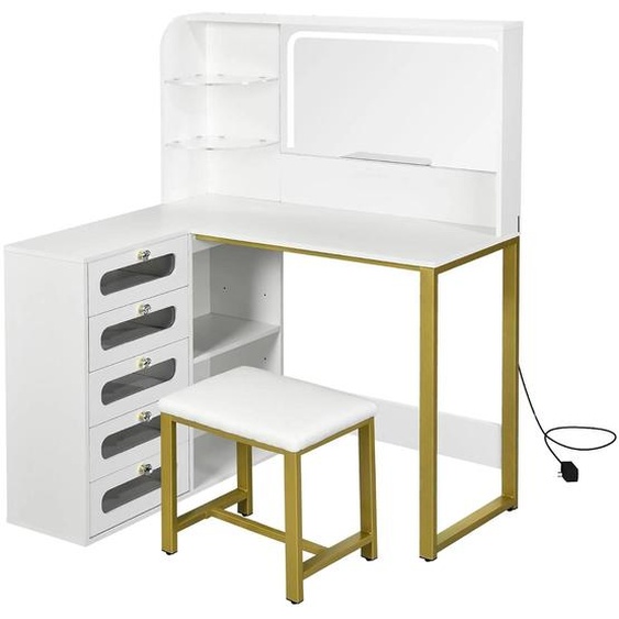 Coiffeuse avec miroir - Miroir LED à 3 couleurs de lumière - 5 tiroirs et compartiment de rangement - Avec tabouret - Bois - Blanc