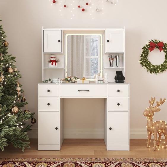 Coiffeuse avec Miroir - RELAX4LIFE - Station de Charge - Luminosité Réglable - 5 Tiroirs - 4 Armoires - Etagères Réglables - Blanc
