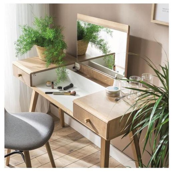 Coiffeuse avec miroir relevable et 2 tiroirs- L120  x H76/116,6 cm - 120 cm X 50 cm X 76/116,6 cm - Calicosy Chêne Clair / Blanc