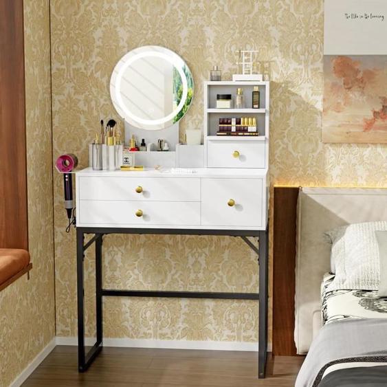 Coiffeuse avec Miroir VIVOLILV - 4 Tiroirs - 2 Prises - 2 USB - 3 Modes Déclairage Réglable - Blanc