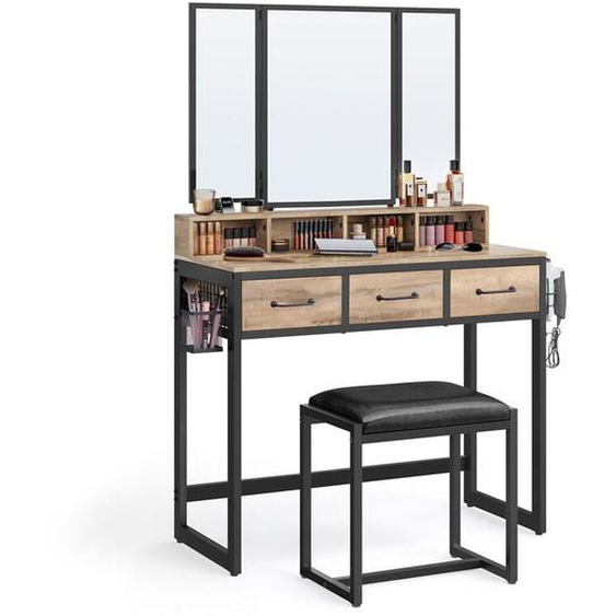 Vasagle - Coiffeuse avec Tabouret, Miroir Triple, 3 Tiroirs, 90 x 40 x 141 cm, Porte-sèche-Cheveux, Pot, Style Industriel, Marron Boisé et Noir
