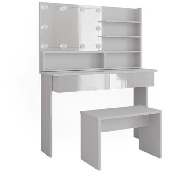Coiffeuse Azur, 120cm avec étagère miroir, banc & éclairage LED, Blanc, Blanc Haute brillance, Vicco