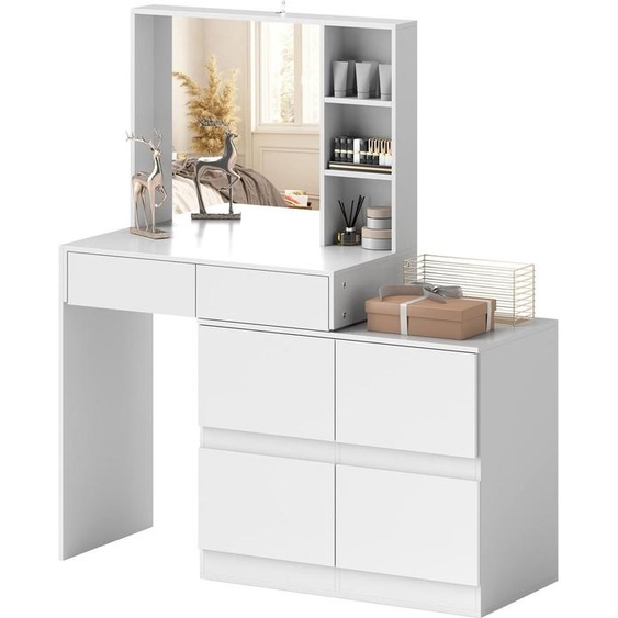 Coiffeuse blanche avec miroir - 4 tiroirs et étagères