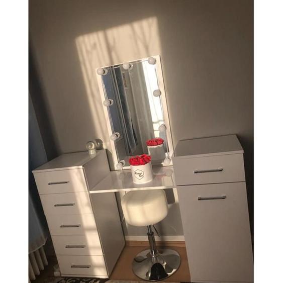 Coiffeuse blanche avec miroir + tabouret + led