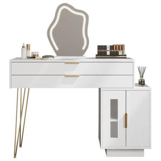 Coiffeuse blanche moderne avec design extensible et miroir LED 3 couleurs