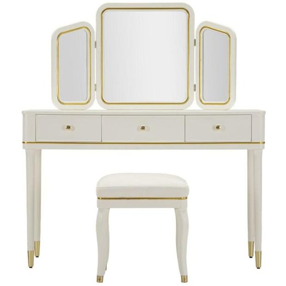 Coiffeuse Camille 37 x 120 x 79 cm MDF pin, miroir en polyester, blanc et or