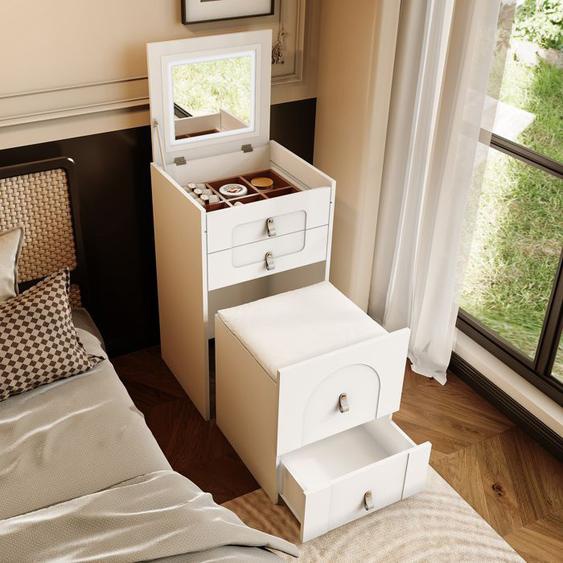 Coiffeuse Compacte avec Tabouret, Miroir LED Intégré, Table de nuit Blanc Moderne à Roulettes, MDF, 50x40x115cm
