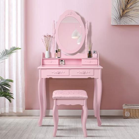 Coiffeuse de Maquillage Rose avec Tabouret - ML-Design - 4 Tiroirs - Miroir - Bois MDF