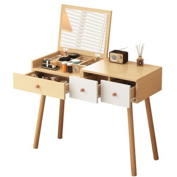 Coiffeuse en bois - miroir LED 3 couleurs - 3 tiroirs et grand rangement - Design élégant - BIPLUT - 100x40x78 cm