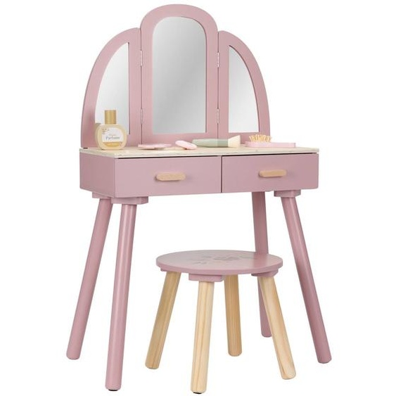 Coiffeuse En Bois Rose Avec Miroir À Trois Volets Rose
