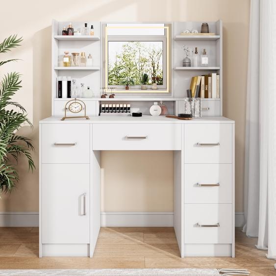 Coiffeuse en MDF avec Miroir 3 Couleurs, LED Tactile, 2 Tiroirs, Prises EU + USB, Support Sèche-Cheveux, Blanc