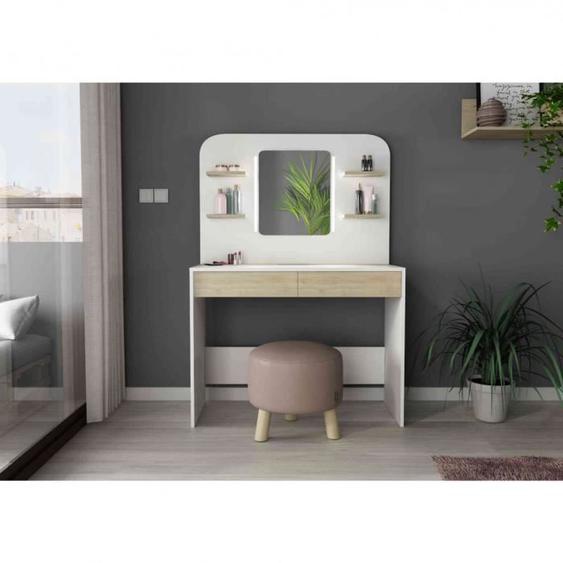 Coiffeuse enfant avec miroir en bois blanc et imitation chêne - CF9011 - Bois naturel - Terre de Nuit