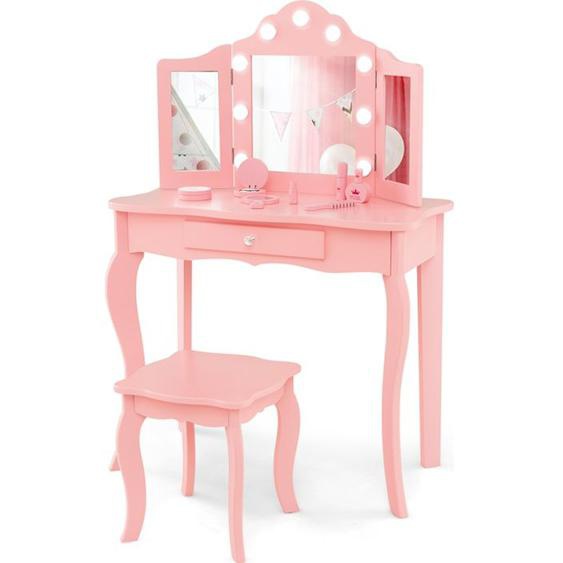 Coiffeuse Enfant - DREAMADE - 9 Lumières LED - Eclairage à 3 Couleurs - Miroir Tripliant Pliant - Charge 30KG - 3+ Ans - Rose