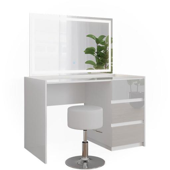 Coiffeuse Marla, 120cm avec miroir LED et tabouret, Blanc Haute brillance, Vicco
