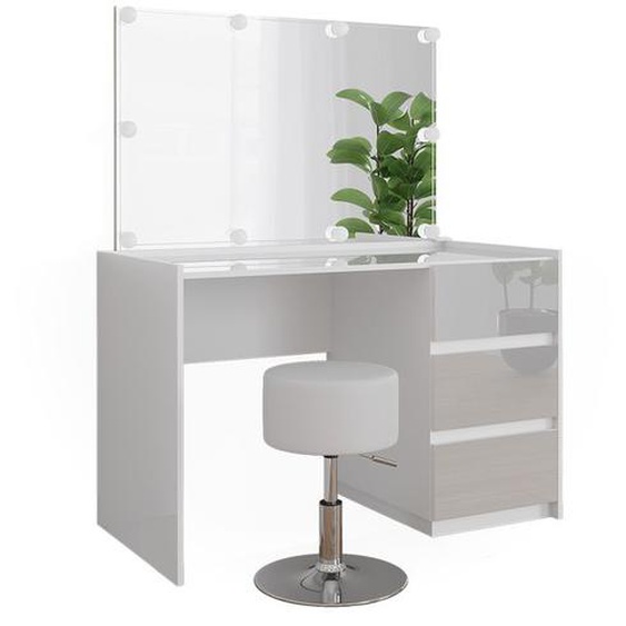 Coiffeuse Marla, 120cm avec miroir, tabouret, guirlande lumineuse LED, Blanc Haute brillance, Vicco