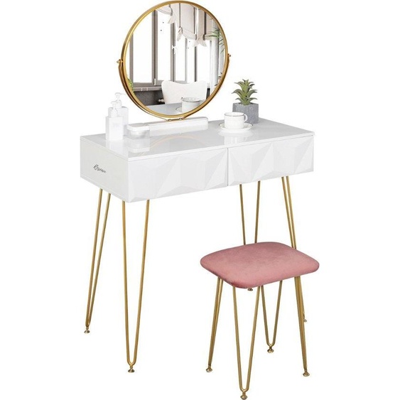 Coiffeuse - Miroir - 100 x 40 x 79 cm - Avec siège - Rose