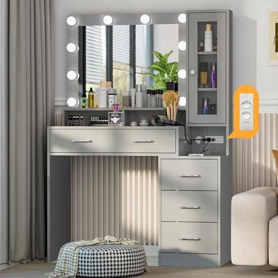 Coiffeuse Miroir et LED-HOMDOX-Coiffeuse avec Station de Charge, 10 Ampoules LED à Luminosité Réglable, 4 Tiroirs,101X40X143cm,