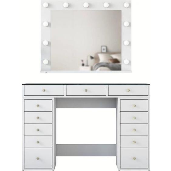 Coiffeuse moderne avec miroir LED et dessus Transparent Beline L120cm Blanc