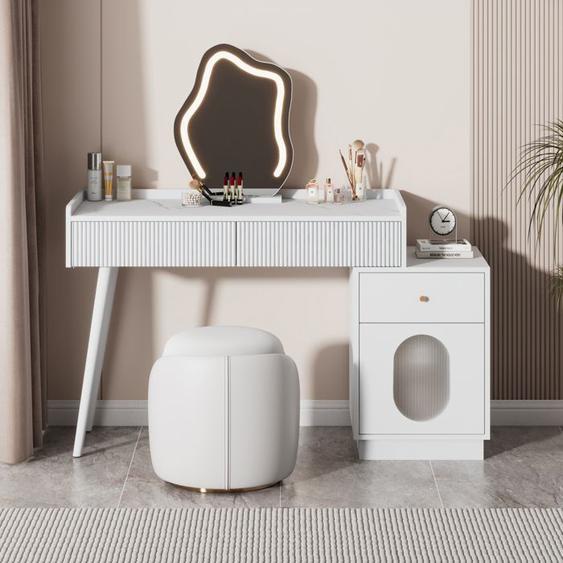 Coiffeuse Moderne avec Miroir LED, Table de Maquillage à 3 Tiroirs, Poignée en Métal, 100x40x75 cm, Blanc