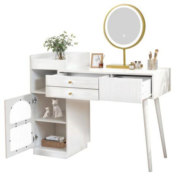Coiffeuse moderne - BIPLUT - avec miroir LED 3 couleurs - 3 tiroirs et meuble latéral extensible
